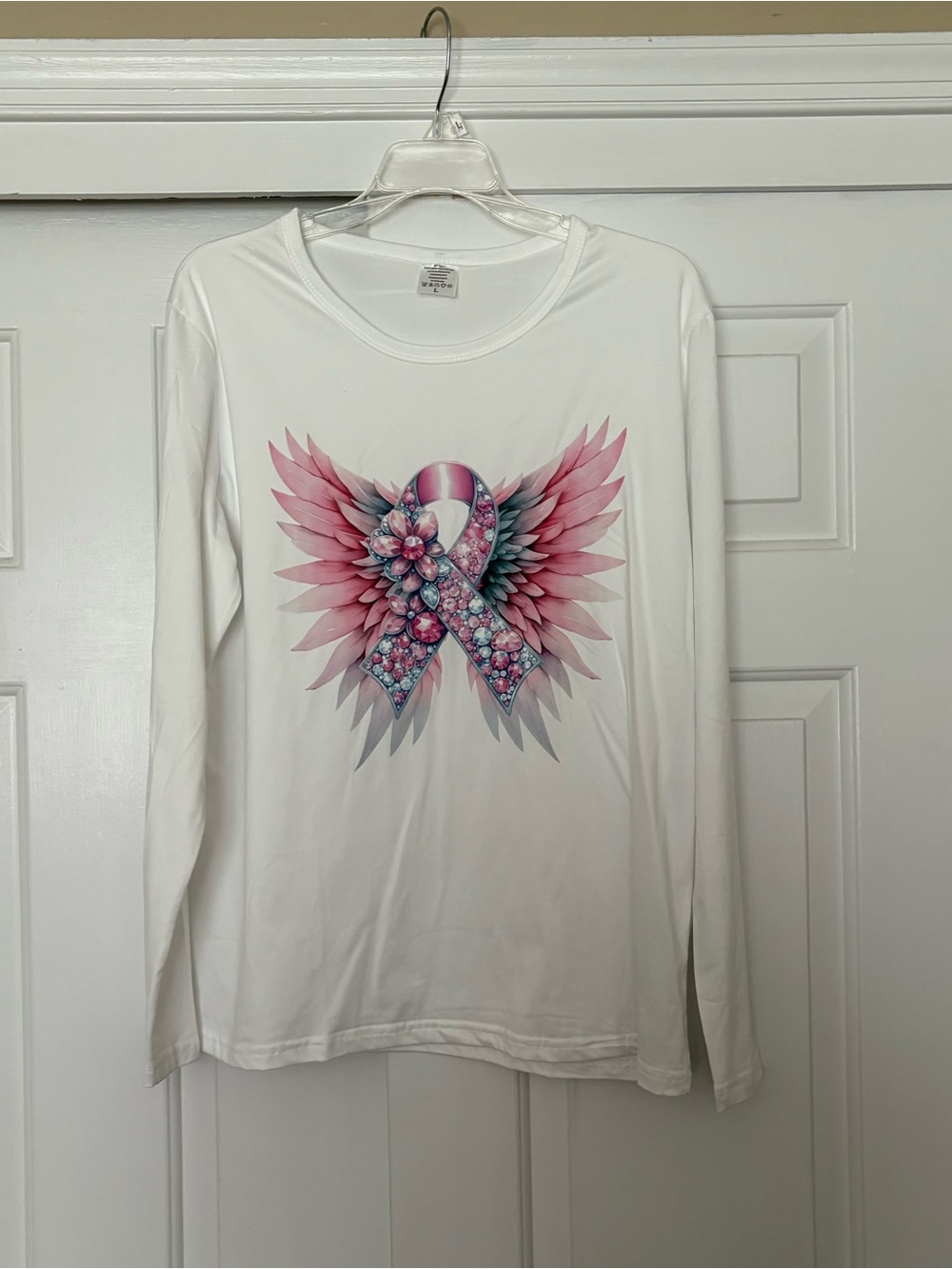 White Long-Sleeve Tee with Pink Ribbon and Wing Graphic